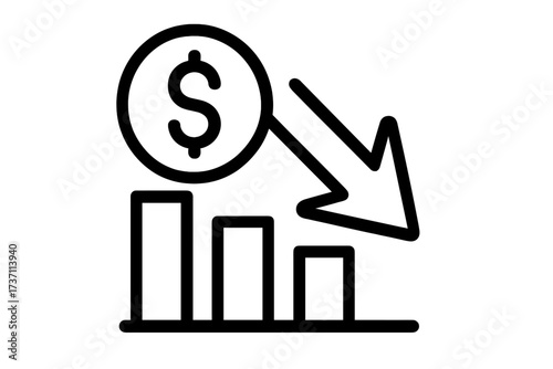 Cost reduction icon. Price decrease concept. Financial crisis, budget cut. Money loss. Market fall arrow down graph. Business, finance, investment, income, profit decline.