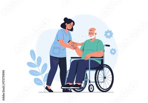 Nurse assisting elderly man in wheelchair with care and support.