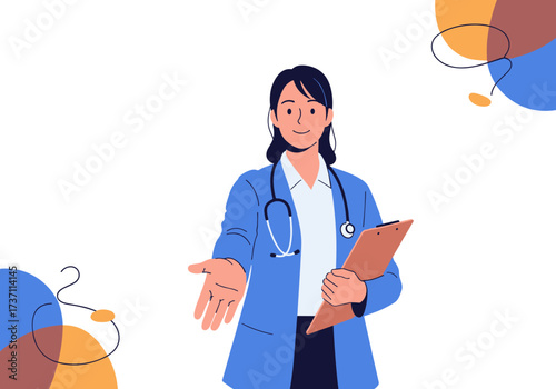 Doctor offering help with a stethoscope and clipboard.