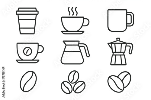 Coffee icon set with editable stroke. Line art collection of cup, mug, moka pot, and coffee beans. Vector illustration for cafe menu, beverage sign, and caffeine symbol.