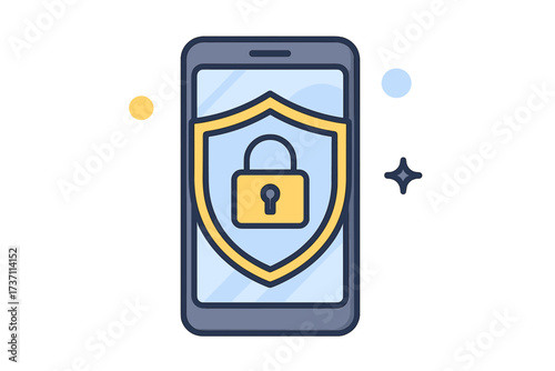 Data security flat illustration concept. Smartphone with shield and lock. Mobile phone protection, cybersecurity, personal data privacy. Secure access and antivirus software.