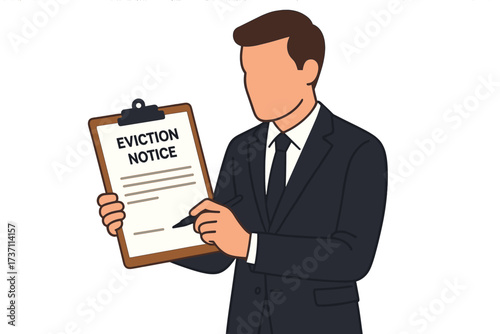 Businessman with eviction notice form on clipboard. Legal document for tenant or employee. Concept of dismissal, firing, termination, unemployment. Landlord, human resources.