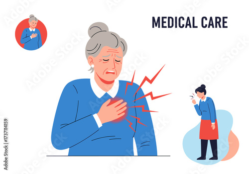 Elderly Woman Experiencing Chest Pain Medical Care Illustration.
