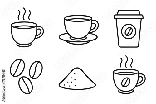Vector coffee line icon set. Minimalist outline symbols of hot drink, cup, mug, beans, ground powder, and takeaway coffee. Editable stroke for cafe menu and infographics.