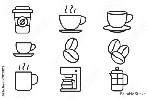 Coffee line icon set. Cafe menu symbols. Hot drink, beverage concept. Vector illustration collection. Cup, mug, beans, maker, french press. Espresso pictogram. Editable stroke.