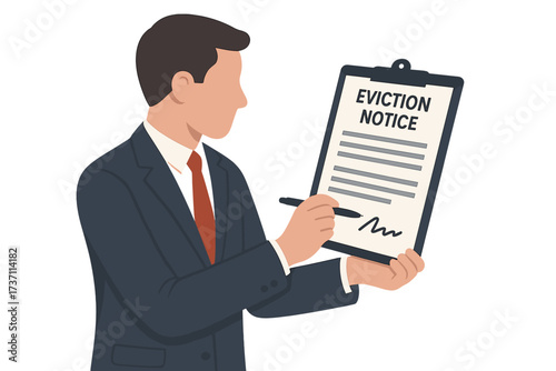 Businessman signs legal document, eviction notice form on clipboard. Concept of human resources management, employee dismissal, firing, job loss, tenant eviction from property.