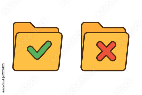Approve and reject folder icons. Check mark and cross symbols for validation and selection. Flat cartoon vector illustration for file management, document approval, and choice.