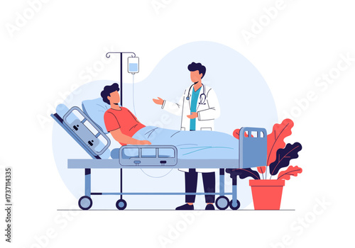 Doctor talking to patient in hospital bed with IV drip.