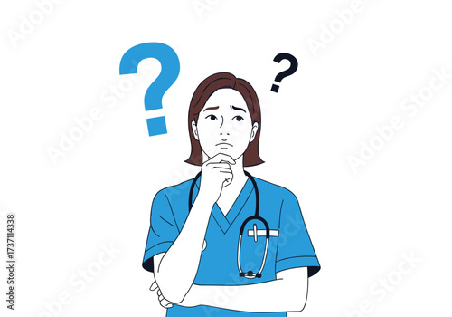 Nurse Thinking With Question Marks Above Head.