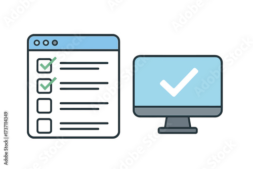 Checklist in browser window and check mark on computer monitor. Online survey, poll or questionnaire concept. To-do list with completed tasks. Success, approval and done icon.
