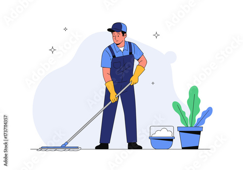 Man Cleaning Floor with Mop and Bucket.