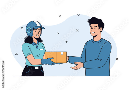 Delivery person handing package to customer illustration.