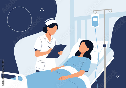 Nurse caring for patient in hospital bed with IV drip.