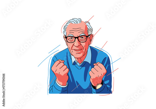 Elderly Man With Glasses Clenched Fists.