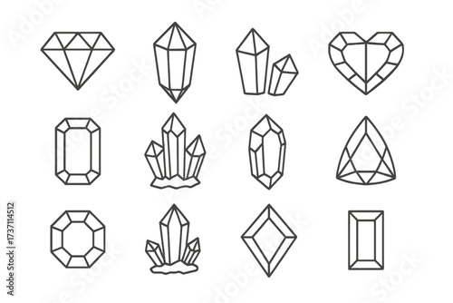 Diamond gem line icon set. Vector collection of crystals and precious stones. Outline jewelry symbols for logo, web, and app design. Minimalist brilliant cut geometric shapes.