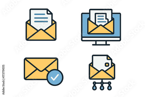 Email marketing icon set for newsletter and subscription. Drip campaign automation concept. Flat design vector icons for mail delivery, open rate and online communication.