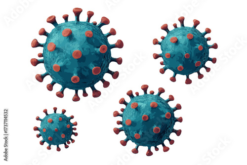 Coronavirus COVID-19 virus cells on white background. 3D render of SARS-CoV-2 pathogen for microbiology, virology, and epidemiology. Medical concept for pandemic and health.