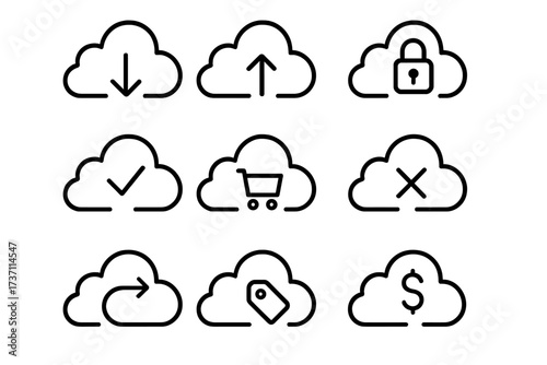 Cloud computing and e-commerce line icon set. Vector symbols for online storage, security, payment, download, and upload. Editable stroke icons for web and UI design.