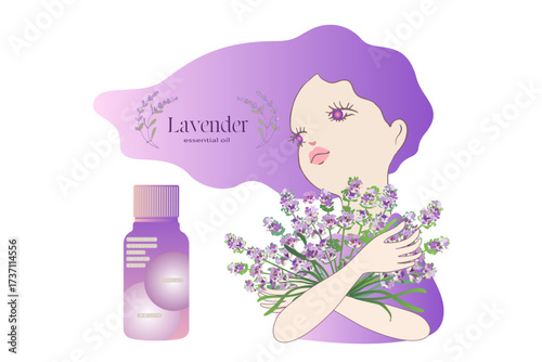 ラベンダーの花を両手で抱えているイラストと精油成分表