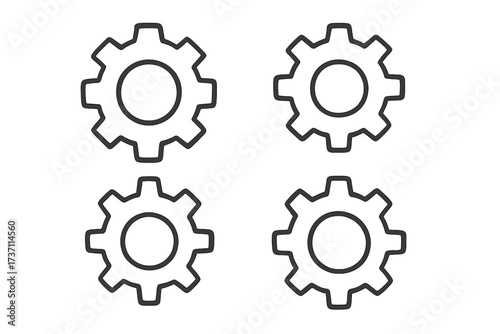 Gear icon set. Cogwheel line art symbols. Concept for settings, configuration, options, preferences. Mechanical engineering. Technical process. Simple flat vector for UI, app, web.