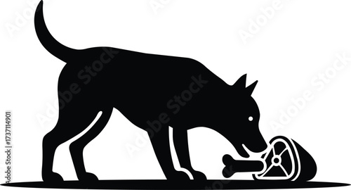 A black silhouette of a dog sniffing a bone and a piece of meat on a white background showcasing a simple graphic style silhouette