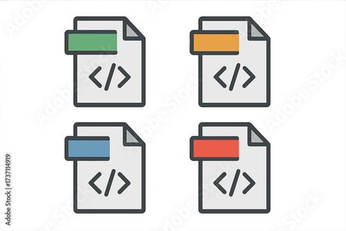 Code file icon set. Flat design programming document format symbols. Source code, script, and web development file type pictograms for UI UX. Vector illustration computer data.