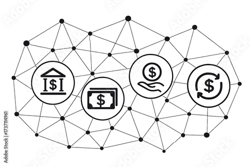 Finance mechanism and banking interaction concept. Connected graphic design of dots and lines. Abstract background for money, bank, market transaction, and cash flow vector.