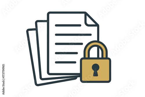 Document protection concept. Confidential information and privacy idea. Security documentation access and data safety. Secure files with paper and lock icon. Flat design vector.