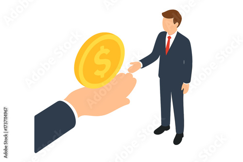 Gold coin in hand businessman isometric design. Rich people giving, receiving, take money. Concept of financial investment, payment, salary, charity, donation, and wealth.
