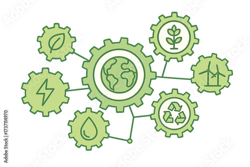 Ecology mechanism concept. Abstract background with connected gears and icons. Eco friendly, energy, environment, green, recycle, bio, and global concepts. Vector illustration.