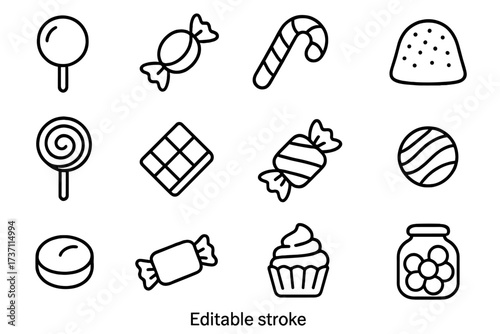 Candy and sweets outline icon set. Simple line art collection of dessert symbols. Vector graphic elements for design. Lollipop, chocolate bar, cupcake, bonbon. Editable stroke.