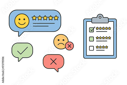Feedback concept with customer review and testimonials. Online survey on a clipboard with star ratings. User experience with positive and negative emoticons and comments.