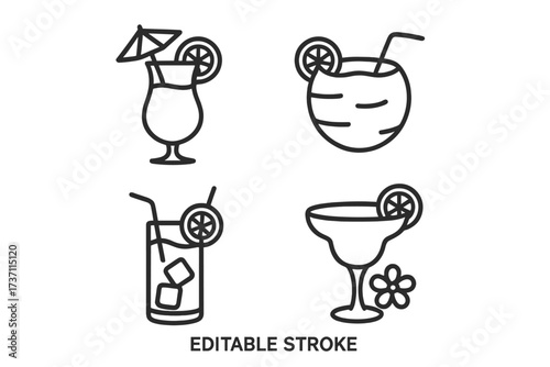 Beach cocktail picture collection. Line icon set of tropical summer drinks. Margarita, mojito, pina colada in coconut. Vector symbols for bar menu, party flyer, banner.
