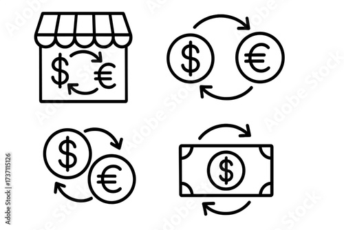 Currency exchange line icon set. Money conversion concept with dollar and euro signs. Finance, banking, and forex trading symbols. Vector pictograms for business and economy.