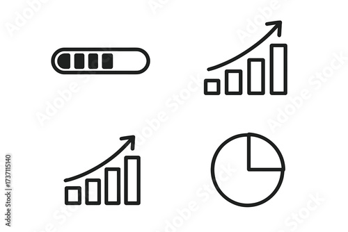 Data visualization icon set. Analytics and statistics line icons. Progress bar, growth chart, financial graph, pie diagram. Business report and infographic vector elements.