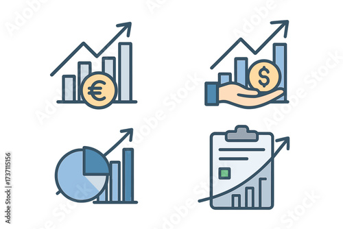 Financial performance vector icon set. Euro business productivity chart. Statistic report, mutual fund, return on investment. Finance consolidation, budget planning, income.