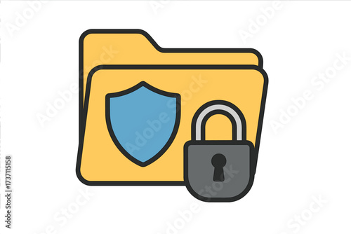 File protection. Data security and privacy concept. Safe confidential information. Document safety. Folder with shield and lock icon. Cybersecurity. Vector illustration.