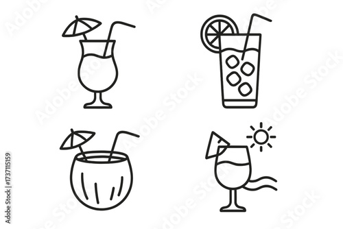 Tropical cocktail and summer drink line icon set. Beach bar menu symbols. Vacation holiday beverage vector collection. Coconut juice, iced tea, and fresh party drinks.