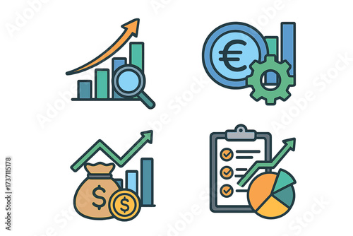 Financial performance vector icon set. Euro business productivity, statistic report, mutual fund, return on investment. Finance consolidation, budget planning, management, income.