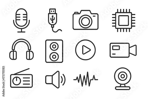 Media player line icon set. Microphone, camera, headphones, speaker, webcam. Sound wave, radio, play button, usb cable. Video, audio, photo equipment. Editable stroke vector.