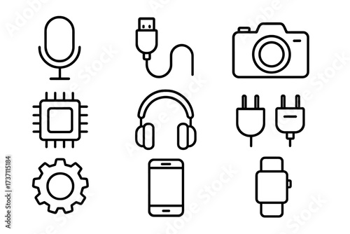 Set of technology line icons. Editable stroke vector symbols for electronics, gadgets, and devices. Microphone, camera, smartphone, processor, smartwatch for UI and web design.