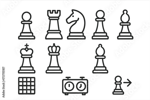 Chess line icon set. Vector illustration of pieces king, queen, rook, knight, bishop, pawn, chessboard, clock. Strategy game concept for infographics. Editable stroke.