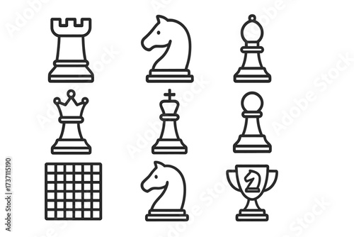 Chess icon set with editable stroke. Line art collection of game pieces king, queen, rook, bishop, knight, pawn and chessboard. Strategy, competition and victory concept.