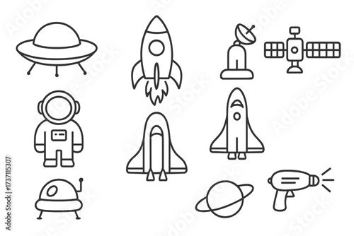 Space exploration and sci-fi icon set. Vector outline collection with astronaut, rocket, UFO, satellite, planet and shuttle. Editable stroke for infographics and web design.