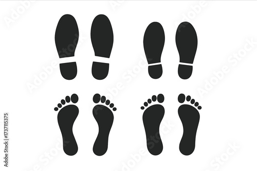 Human footprints and shoe prints vector icon set. Barefoot and boot sole silhouettes. Black footstep collection for walking path or trail concepts. Imprint trace illustration.