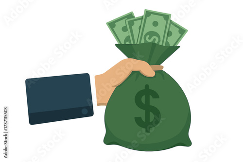 Businessman hand holding a money bag full of cash dollars. Financial concept of savings, wealth, profit, and investment. Vector illustration for business, banking, and economy.