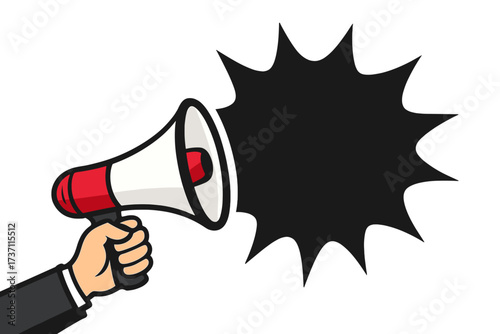 Hand holding megaphone. Announcing through loudspeaker. Speech bubble for text. Advertising, promotion concept. Important message. Warning, alert, alarm. Shout, speak, protest.