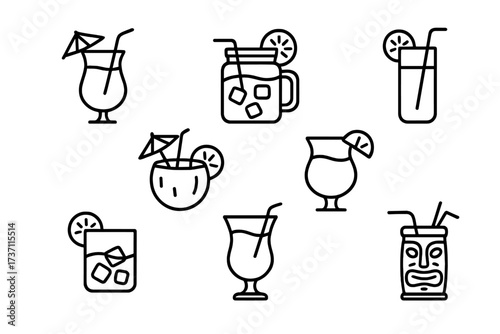 Summer cocktail icon set. Tropical drinks line art collection. Vector icons of tiki mug, coconut drink, mojito, margarita for bar menu, party flyer, beach bar or website.