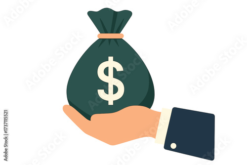 Hand holding money bag. Vector icon for business, finance. Concept of payment, investment, savings, wealth, profit, cash, income, salary, bonus, credit, bank, loan.