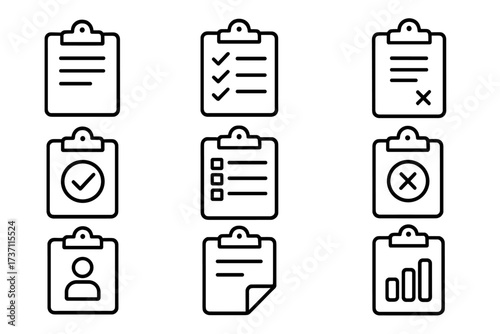 Clipboard outline icon set. Vector line art. Editable stroke. Business concepts like checklist, to do list, report, task management, document, analytics, survey, and form.